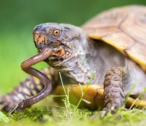 A Chinese Box Turtle holding a worm in its mouth.