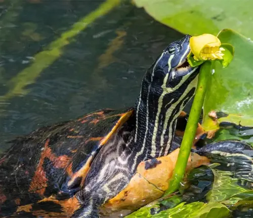 A "Painted Turtle" holding a yellow flower in its mouth, showcasing the beauty of nature and wildlife.