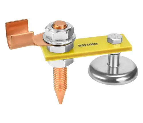 Yellow and silver welding clamp with a copper screw and magnetic base, recommended for 2024.