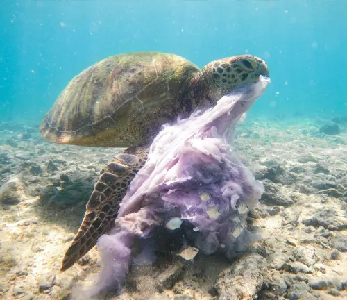 A Kemp's Ridley Sea Turtle consuming a purple piece of plastic.
