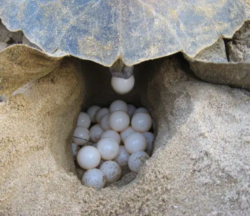 A Flatback Sea Turtle with eggs in its shell on the sand.