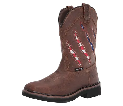 Brown western-style welding boot with a patriotic stitch pattern and reinforced heel.
