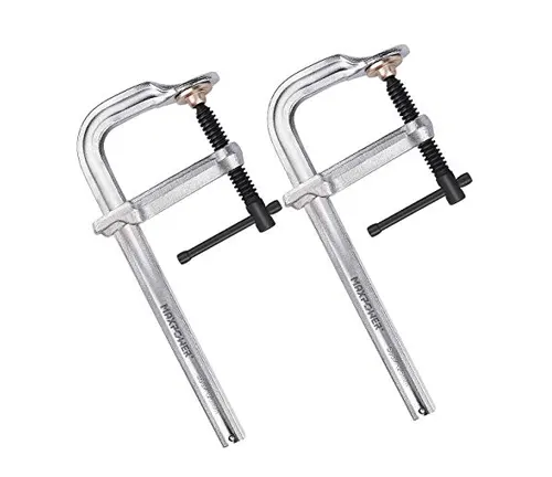 Pair of silver C-clamps with black handles and threaded rods, part of the top welding tools for 2024.