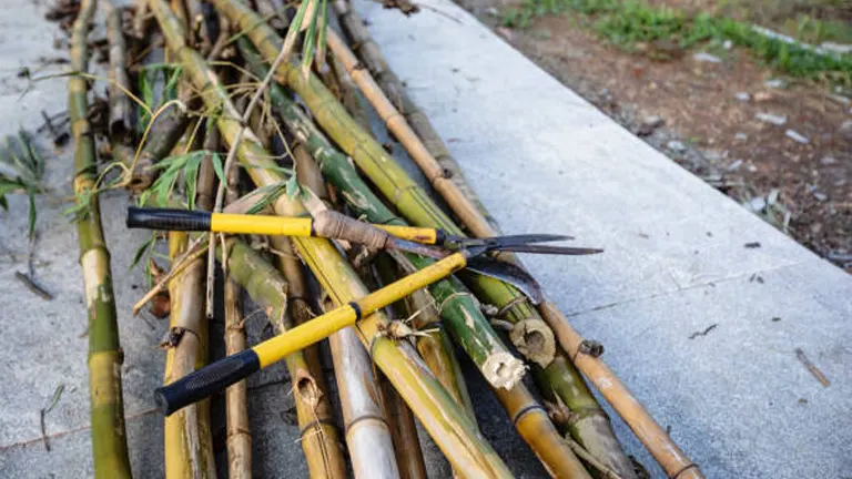 A pair of gardening shears resting on a pile of freshly cut bamboo stems, indicating recent pruning or harvesting activities.

