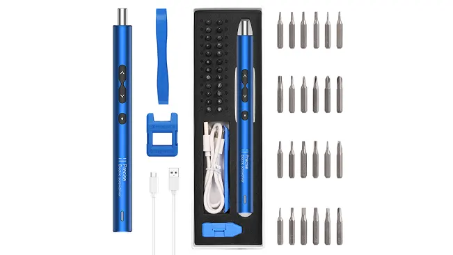 AMIR Electric Screwdriver set with bits and USB cable on white.