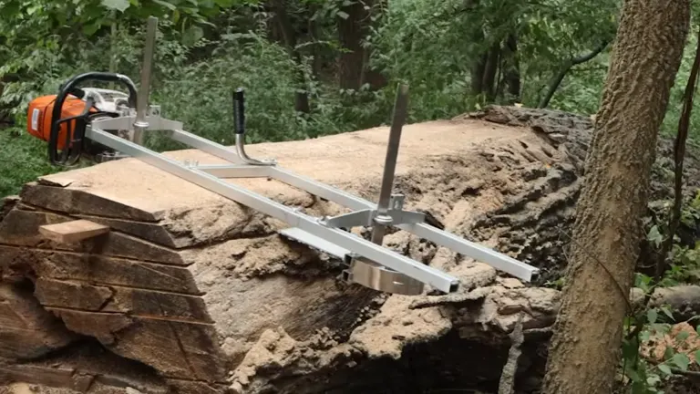 Chainsaw Mill laying on the top of a big log