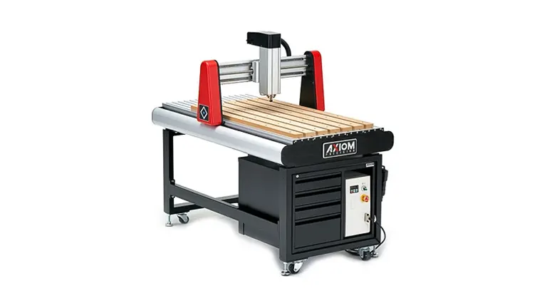 Axiom benchtop CNC router with wooden bed and red gantry supports on a black stand