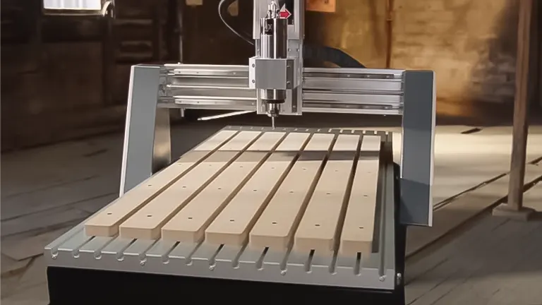 Modern CNC router with metallic frame and wooden bed set in a workshop environment