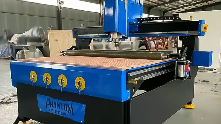 Industrial blue Phantom CNC router with vacuum bed and control panel in a factory setting