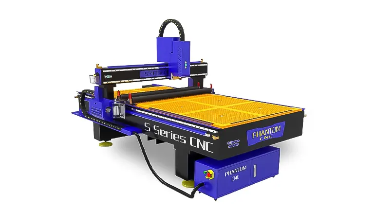 Phantom S Series CNC router with blue and yellow accents on an isolated background