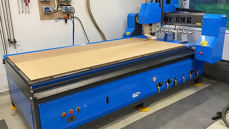 Large blue CNC woodworking machine in a workshop setting with a sheet of wood on the bed