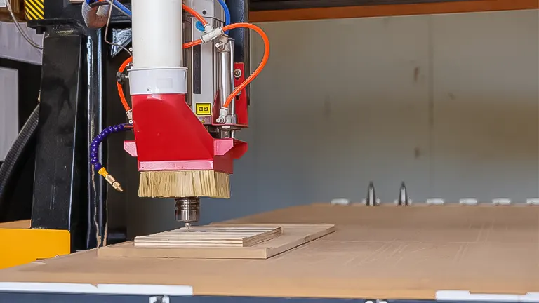 Close-up of a CNC machine with a cutting tool in action on a wooden board