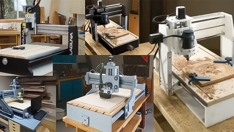 Collage of five different CNC machines for woodworking in various workshop settings