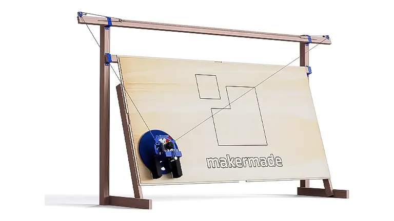 Vertical CNC woodworking machine by Makermade cutting geometric shapes into a plywood sheet