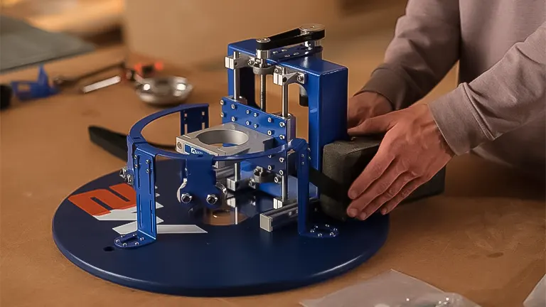 Compact, blue CNC engraving device on a workbench with a person's hands adjusting a component