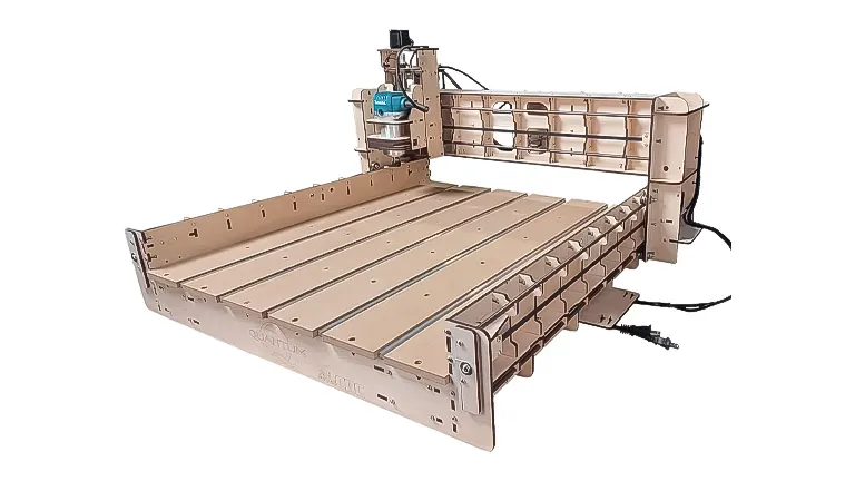 Large, flatbed wooden CNC router machine isolated on a white background