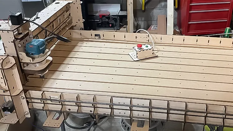 Wooden CNC router on a workbench with a router tool installed and electronic control panel