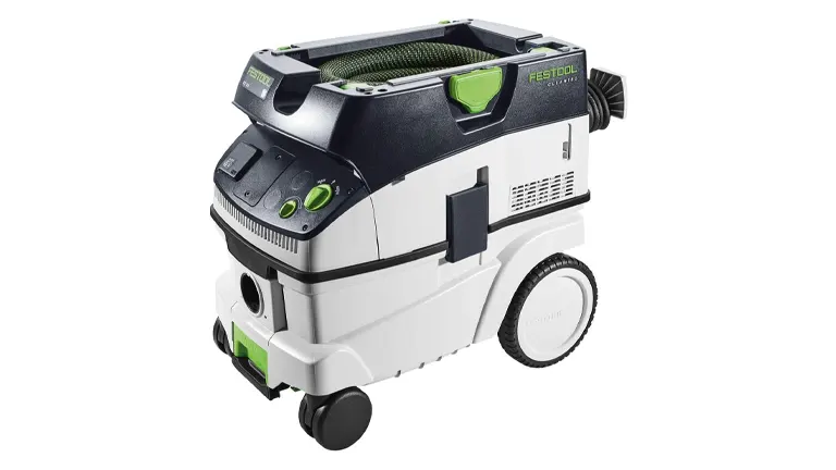 Festool mobile dust extractor with green and black accents on a white background