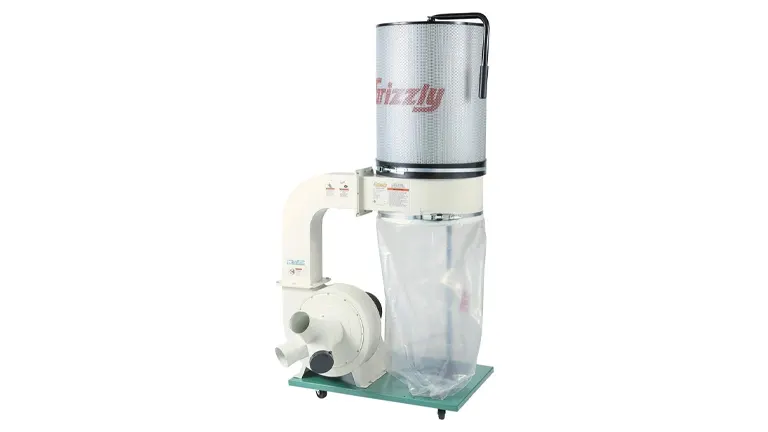 Grizzly dust collector with canister filter and clear collection bag