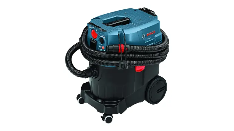 Bosch dust extractor with a blue top and black base on a white background