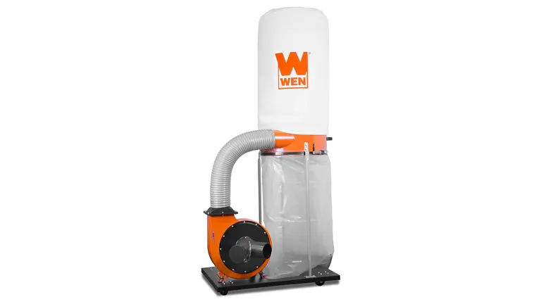 WEN dust collector with white filter bag and orange base