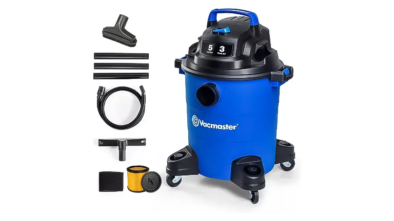 Blue Vacmaster dust collector with accessories displayed on a white background