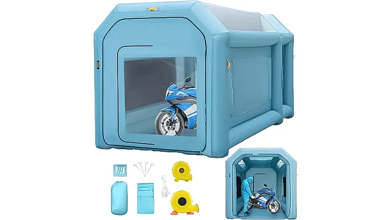 A blue inflatable paint booth with a motorcycle inside, along with an image of accessories like filters and blowers
