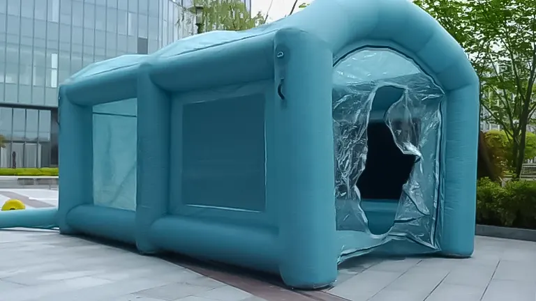 A blue inflatable paint booth with open entrance and clear windows, situated on an urban outdoor patio