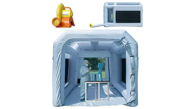A blue inflatable paint booth with a person working inside and yellow blowers, alongside an image of a folded booth and accessories