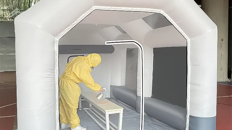 A person in a yellow suit spray painting inside a spacious white portable paint booth