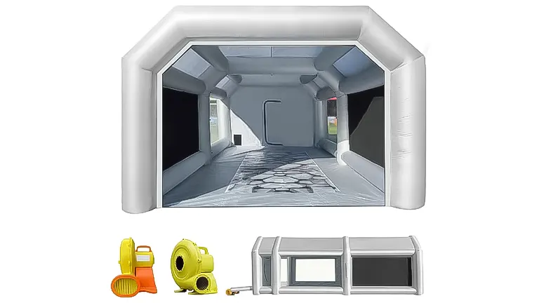 An empty white inflatable paint booth with an open front and interior lighting, displayed with images of yellow blowers and a folded version