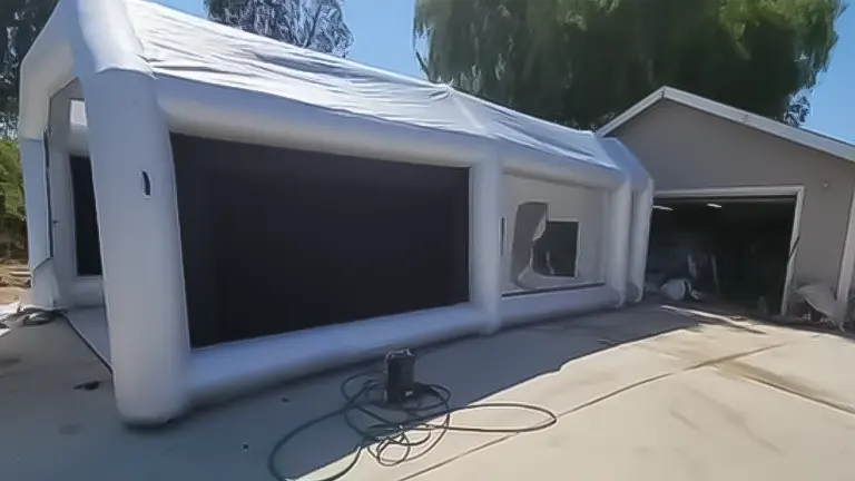 A white inflatable paint booth set up on a driveway next to a garage, with a large black mesh window and a blower on the ground