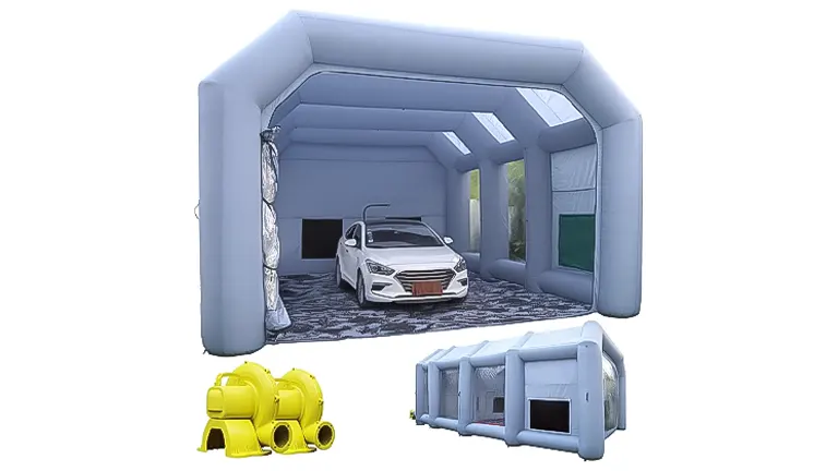A spacious gray inflatable paint booth with a white car inside, and yellow blowers and a folded booth version depicted outside