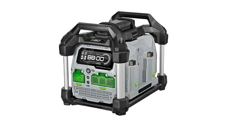A rugged, heavy-duty solar generator with a digital display and multiple green power outlets, designed for portability with a robust handle