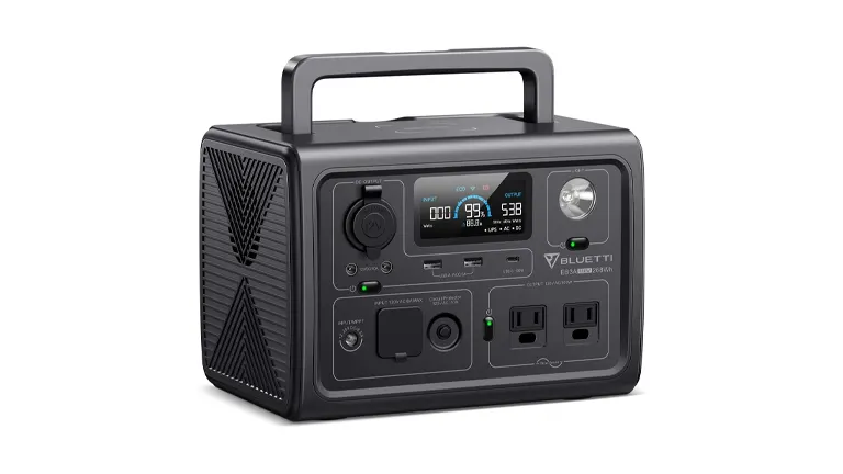 A BLUETTI portable solar generator with a digital display, multiple outlets, and a sturdy handle