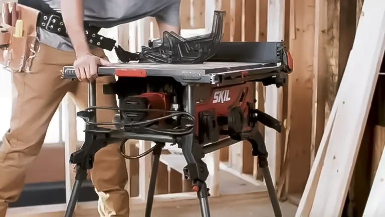 A person using a SKIL table saw with a black and red color scheme on a collapsible stand in a woodshop, indicative of a choice for expert woodworkers