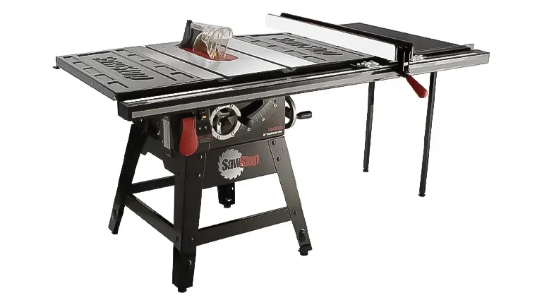 A SawStop table saw with extended side tables and a clear blade guard, designed for advanced woodworking precision and safety