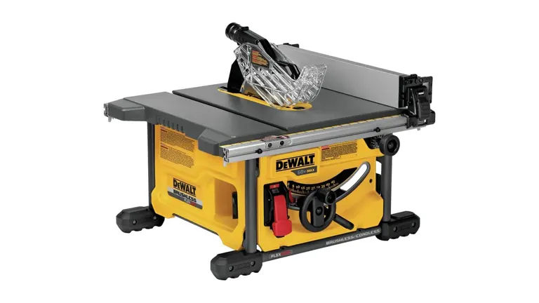 A DeWalt portable table saw with a silver table top and yellow base, featuring a blade guard and adjustment wheels, designed for expert woodworking precision