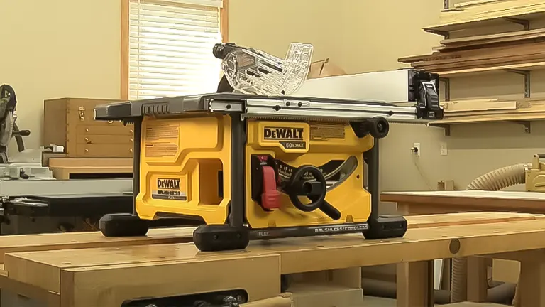 A DeWalt table saw placed on a woodworking bench in a well-organized workshop, indicative of its use by skilled woodworkers