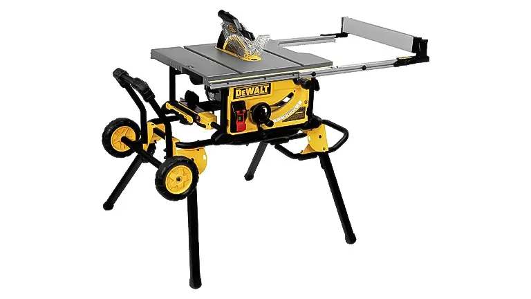 A DeWalt portable table saw with wheeled stand, extended fence, and safety guard, designed for expert woodworking