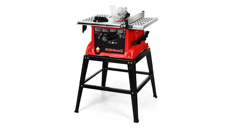 A red IRONMAX table saw mounted on a black stand, featuring side extensions and a safety guard, for expert woodworking tasks