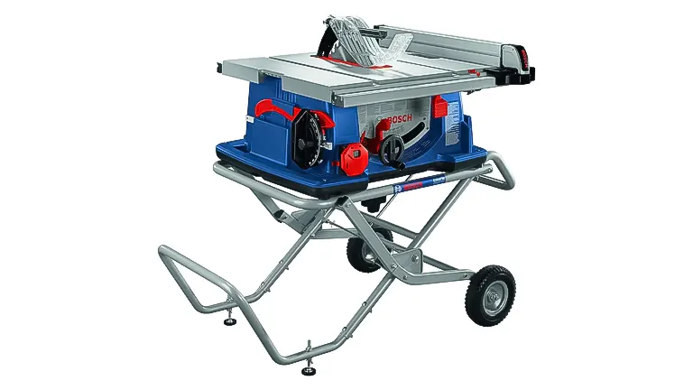 A Bosch table saw with a blue and red design on a mobile stand with wheels, suitable for expert woodworking
