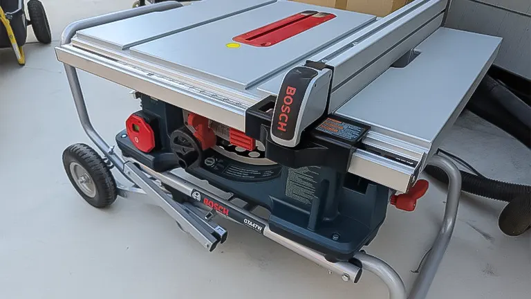 Close-up of a Bosch table saw's controls and adjustments on a wheeled stand, highlighting features for expert woodworking precision
