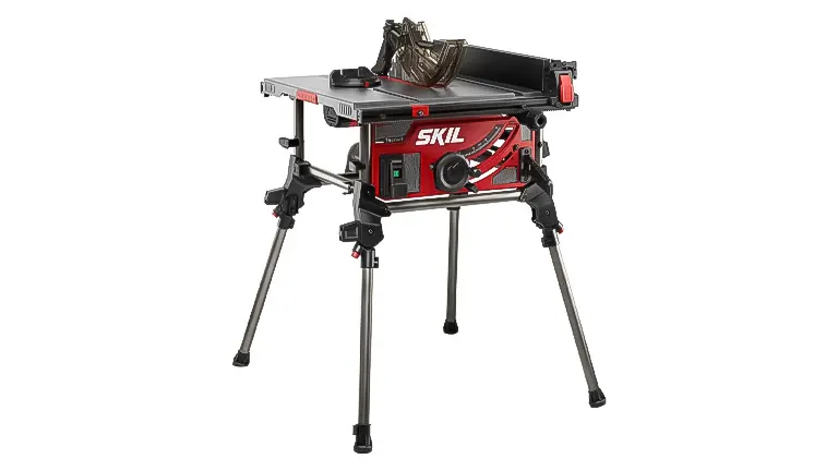 A SKIL table saw mounted on an adjustable tripod stand, featuring a red and black design with a safety guard, tailored for expert woodworking