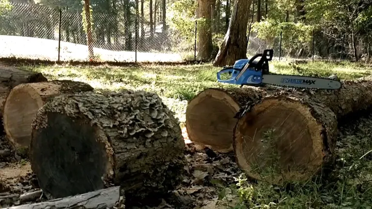 Blue Max 57cc Chainsaw sitting in the logs under the trees