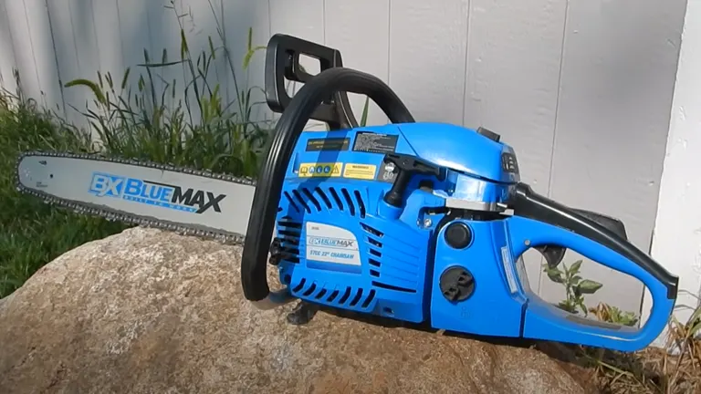 Blue Max 57cc Chainsaw sitting in the rock 