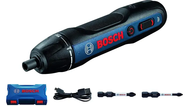 Bosch Go Smart Screwdriver with accessories and case on white.