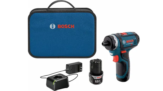 Bosch PS21-2A Pocket Driver, batteries, charger, and case on white background.