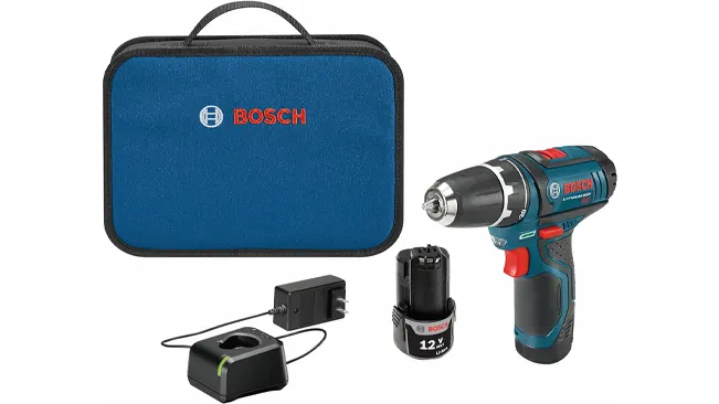 Bosch PS31-2A 12V Max Drill/Driver kit with a drill, two batteries, a charger, and a carrying case.