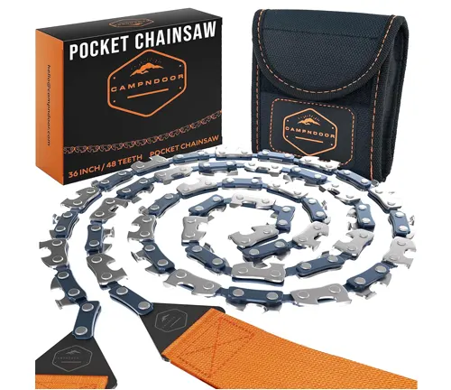 Campndoor 36-Inch Pocket Chainsaw wiith box and pouch on a white background